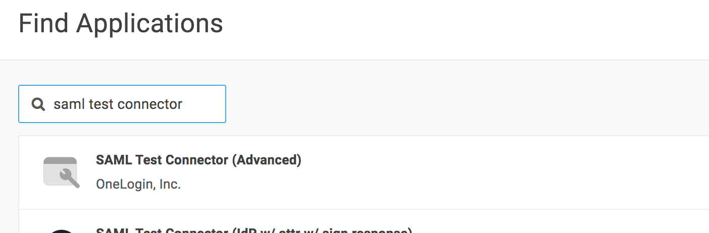 Search results showing the SAML Test Connector (Advanced) application in OneLogin