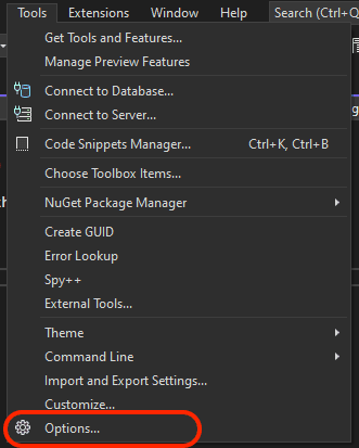 The Tools and Options menu in Visual Studio used to add a symbol server