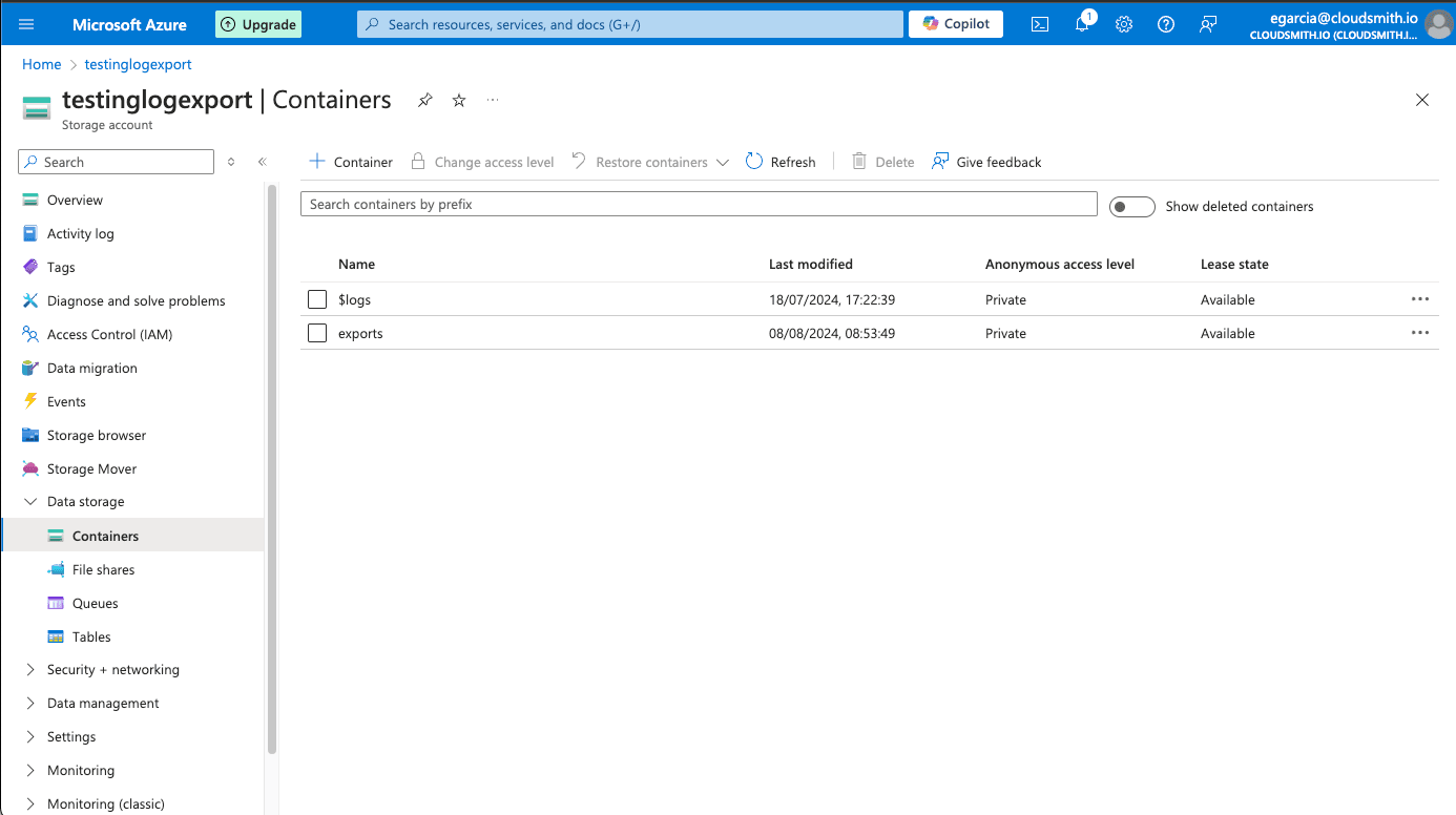 An Azure Blob container with separate folders for each type of exported log