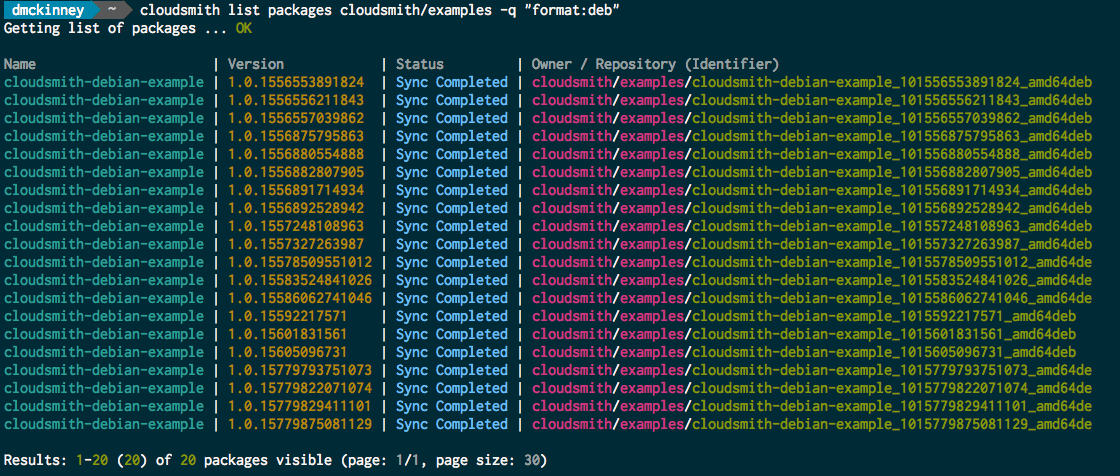 Terminal output from a cloudsmith list packages search query