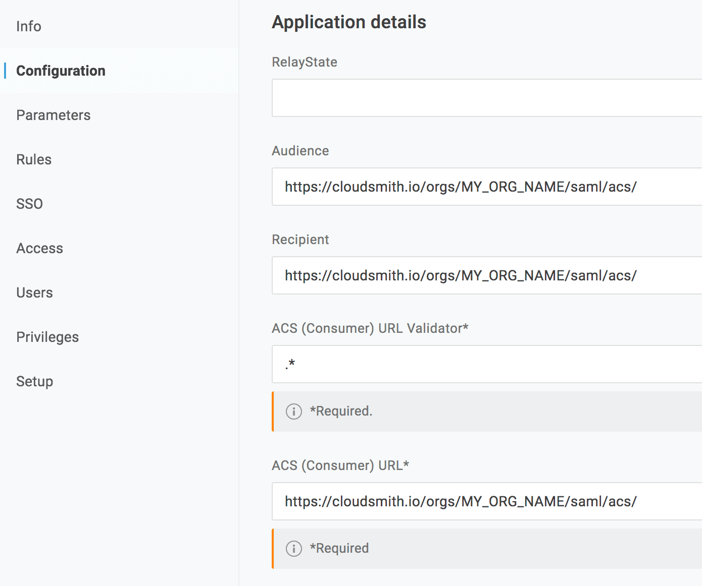 The ACS Consumer URL Validator field in the OneLogin configuration