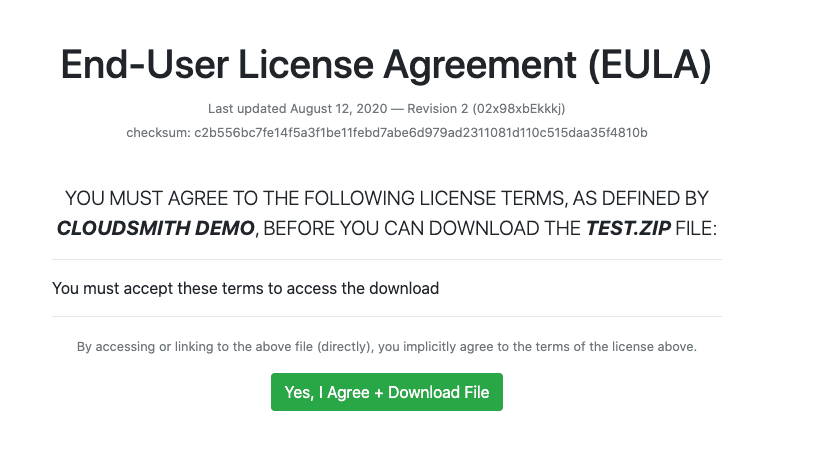 The EULA acceptance page shown to a user before a download begins