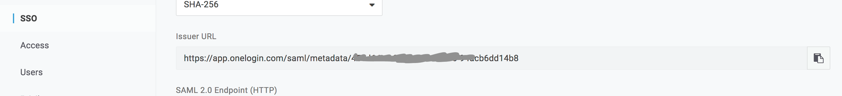 The metadata link in the OneLogin SSO tab used for dynamic configuration