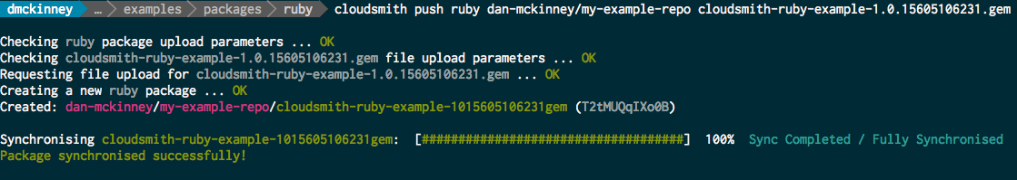 Terminal output from a cloudsmith push command