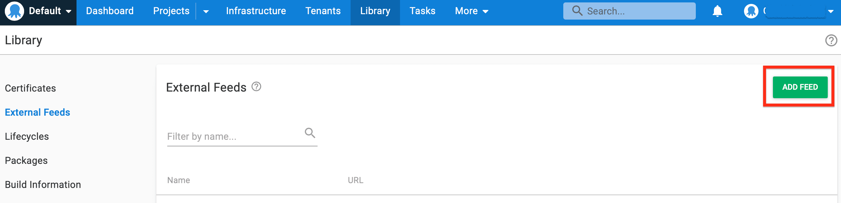 The Add Feed button used to create a new external feed in Octopus