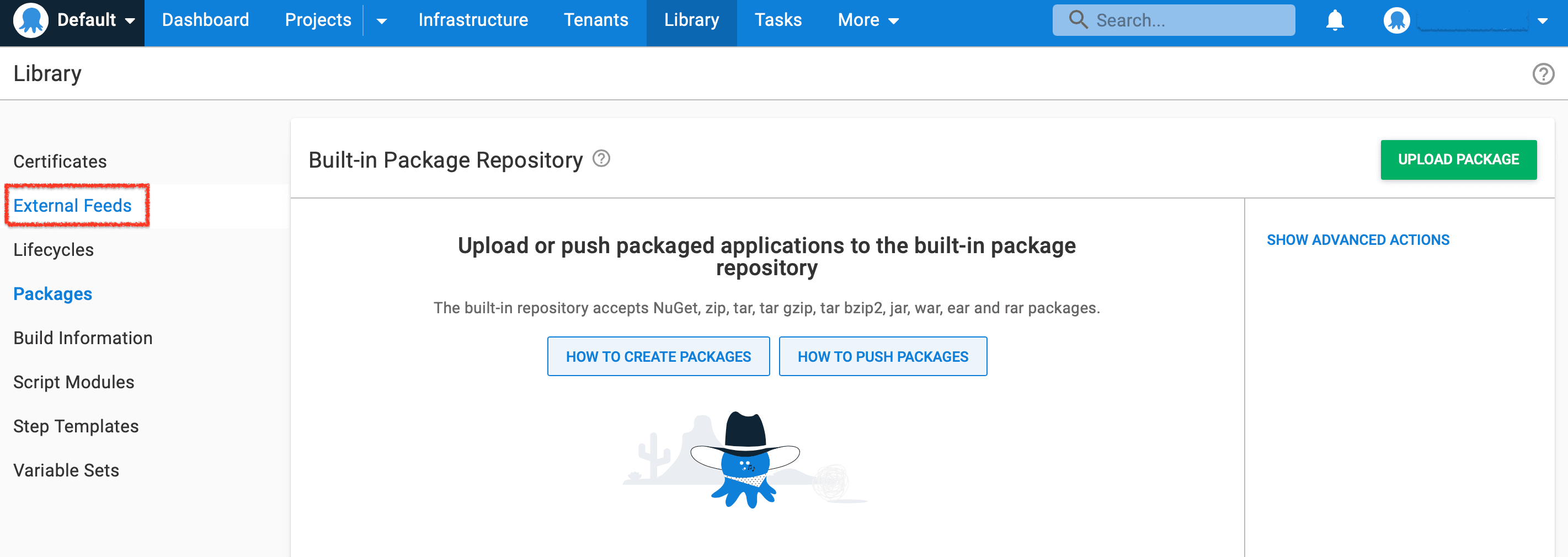 The External Feeds section of the Octopus Library