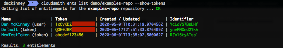 Terminal output listing matching entitlement tokens across two repositories