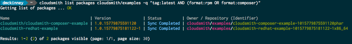 Terminal output from a filtered cloudsmith package search