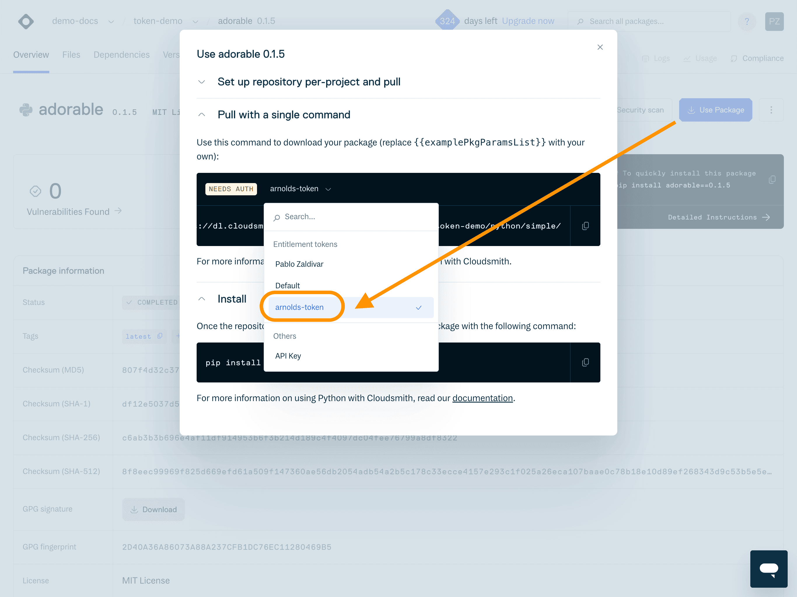 The Use Package panel showing the download command with an entitlement token