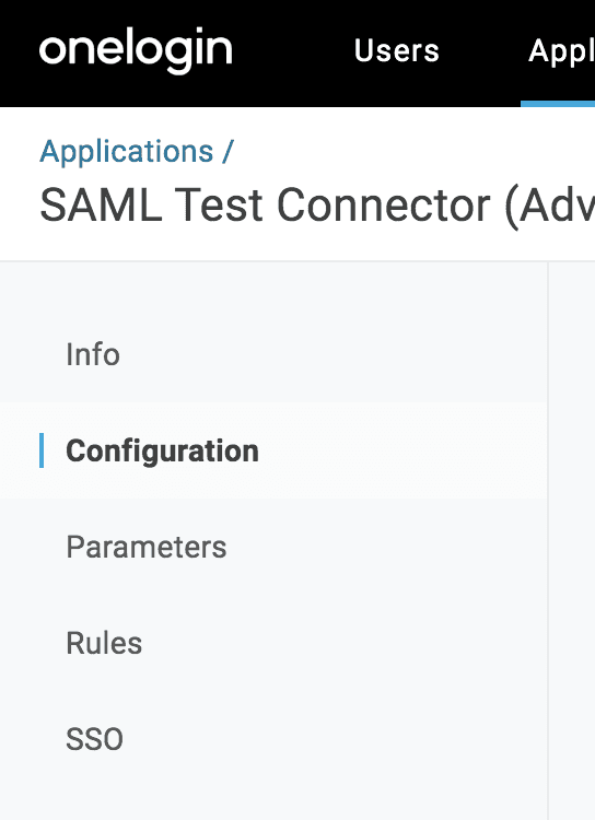 The Configuration option in the OneLogin application sidebar
