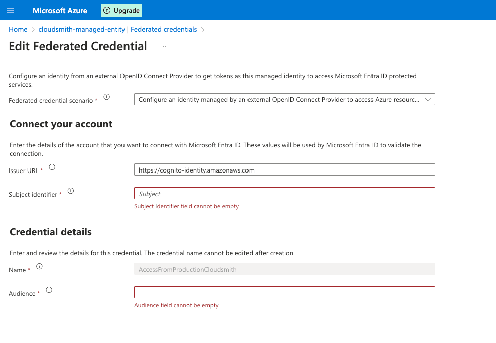 The Azure connection details required to configure log exports