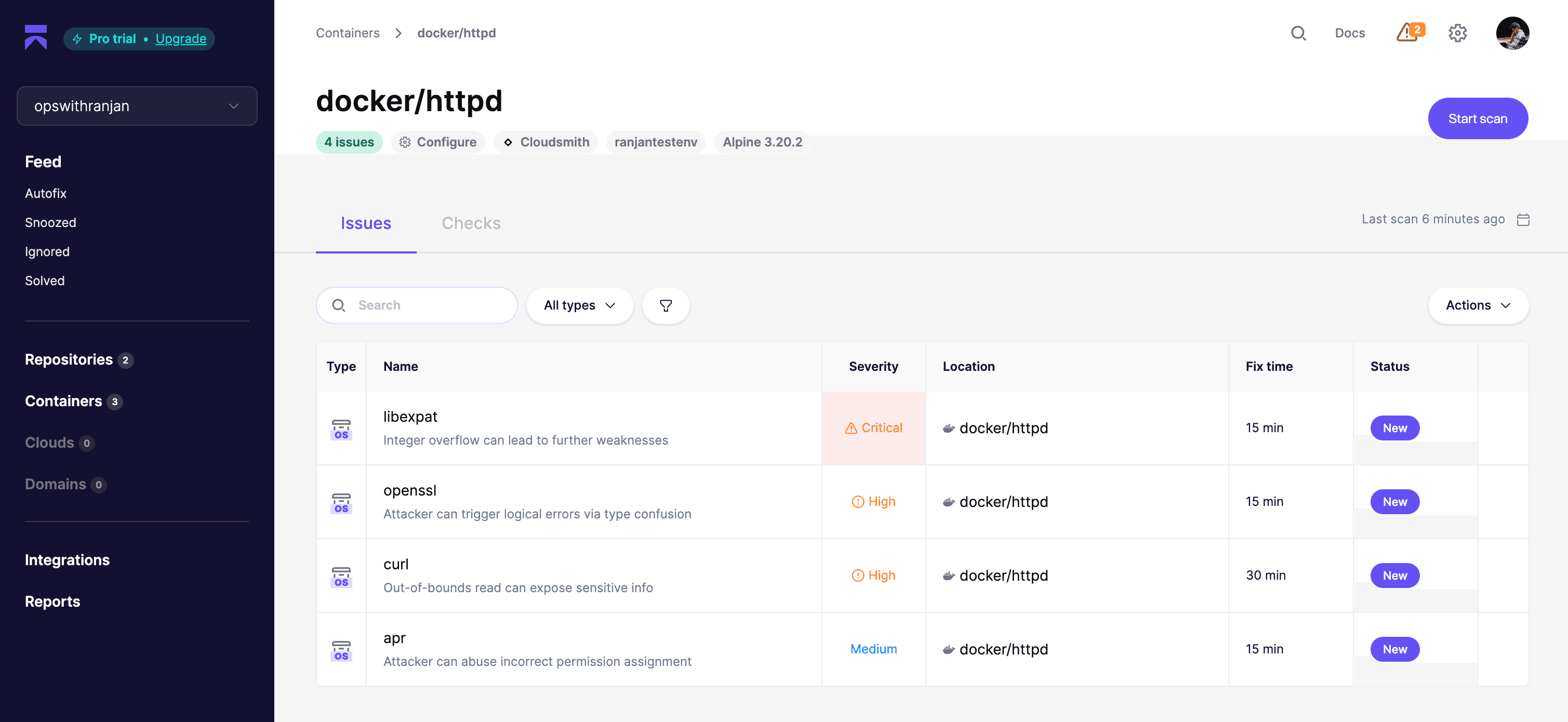 Aikido displaying vulnerability scan results for a Cloudsmith container repository