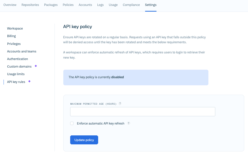 API key rules view in the Cloudsmith web app