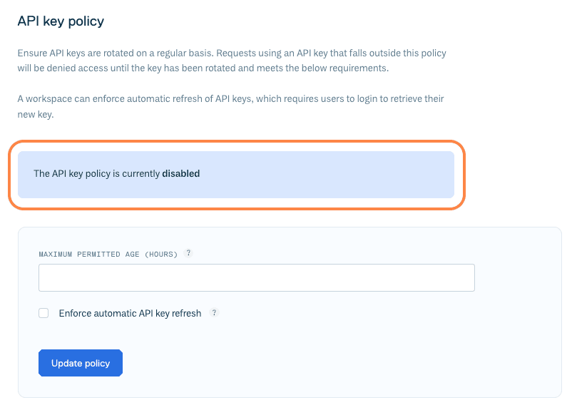 Disabled API key rules view in the Cloudsmith web app