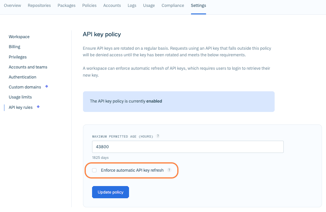 API key rules view in the Cloudsmith web app