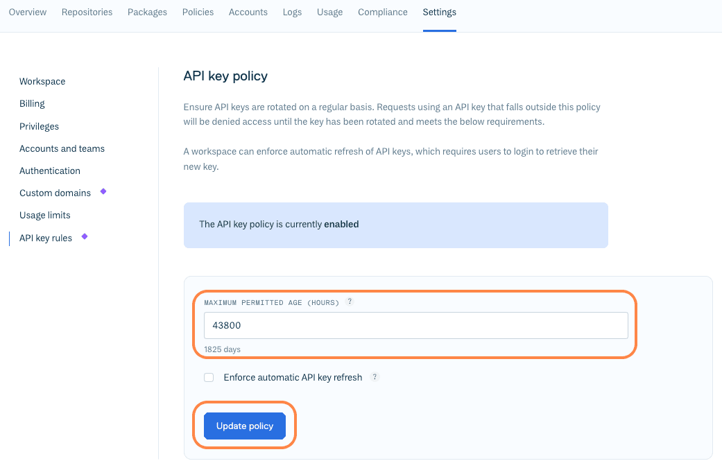API key rules view in the Cloudsmith web app