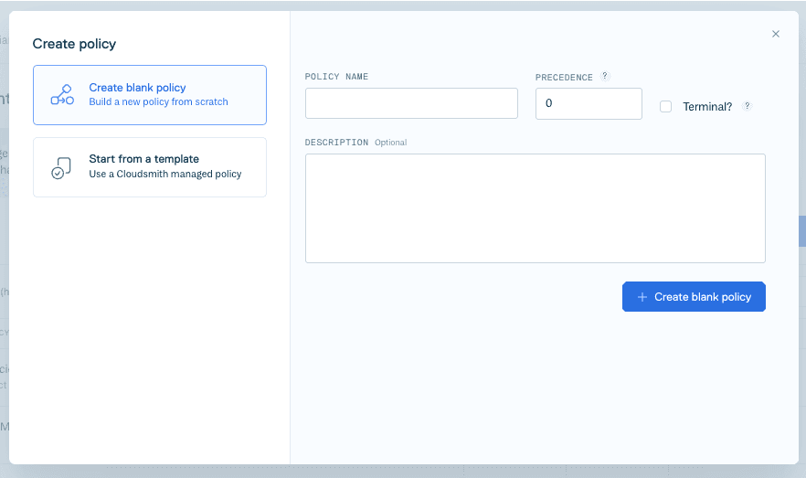 The 'Create blank policy' dialog in the Cloudsmith web app