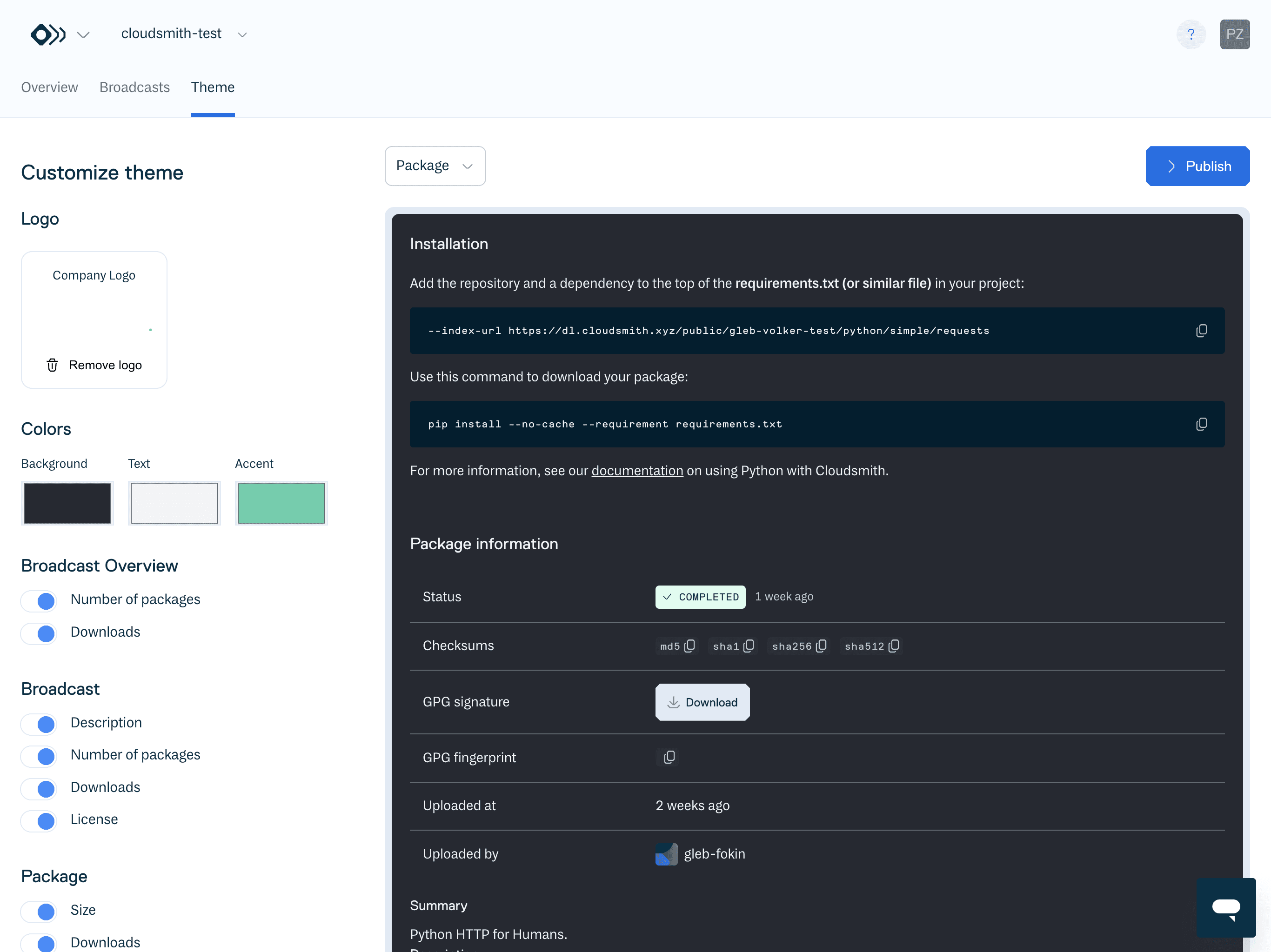 Broadcast package details showing size, downloads, status and checksums