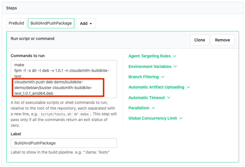 Adding the cloudsmith push command to a pipeline step in the Buildkite web UI