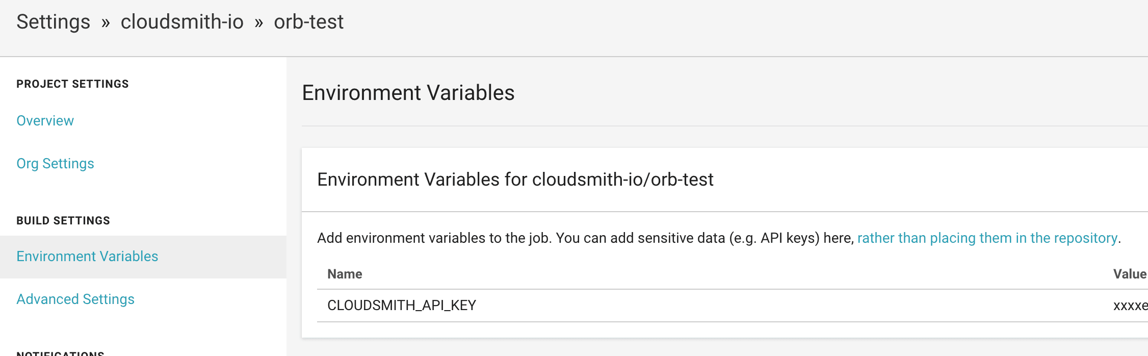 Screenshot of CircleCI project environment variable settings showing CLOUDSMITH_API_KEY configured.