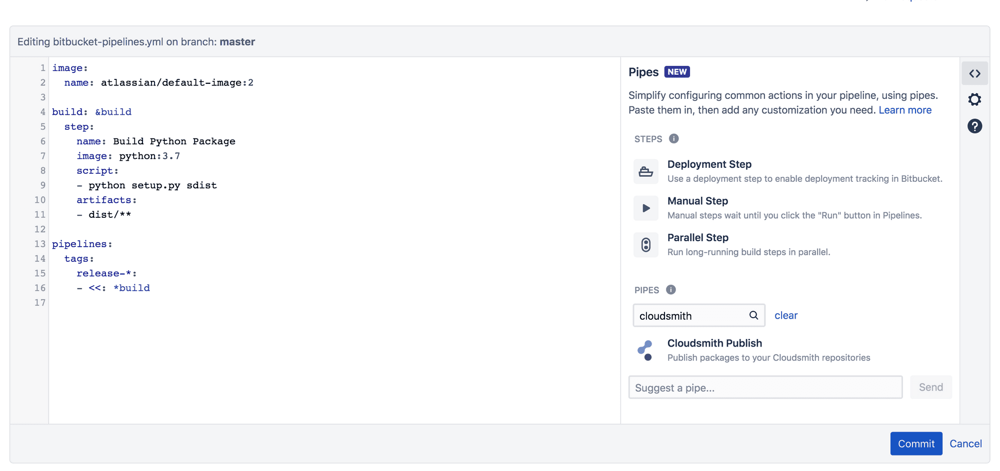 Selecting the Cloudsmith pipe from the Bitbucket pipeline editor