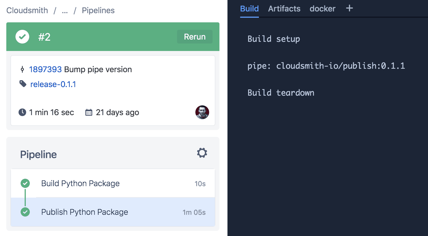 The Bitbucket pipelines UI showing the status of a build job