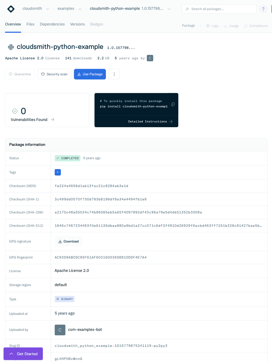The newly pushed package shown in the Cloudsmith web app