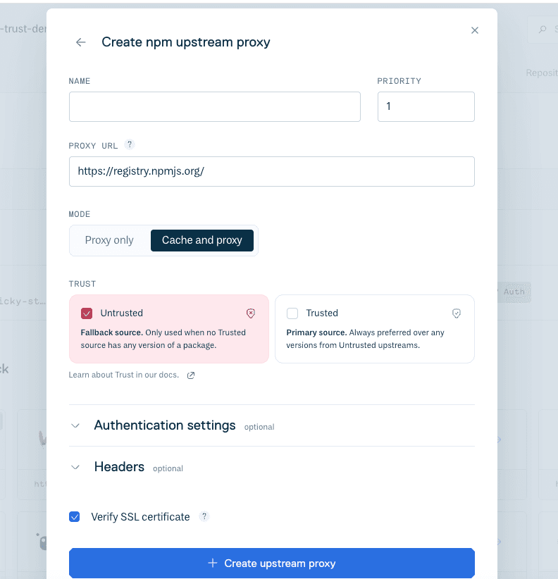 The Create Upstream form with the trust setting selected