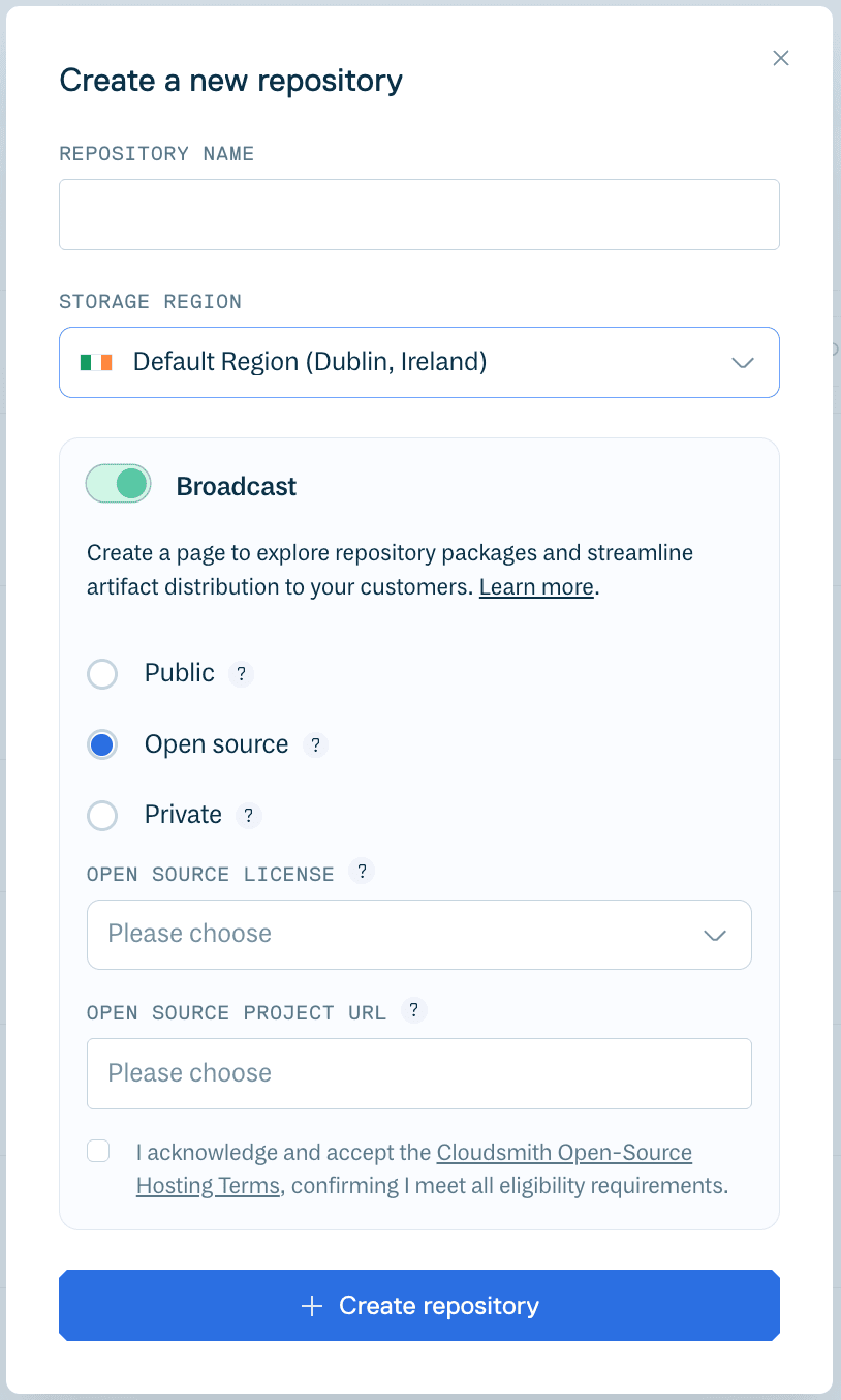 The Create repository form showing Broadcast visibility set to Open Source