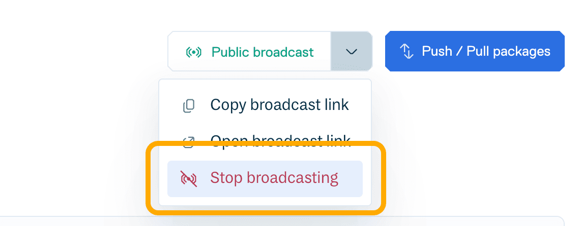 The Stop broadcasting option in the broadcast status dropdown