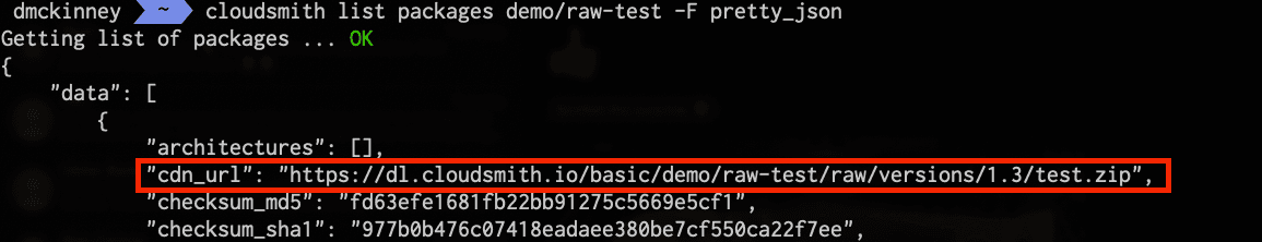 The package detail page showing the URL used to download a Raw file
