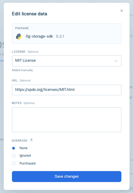 The 'Edit license data' form in the Cloudsmith web app.