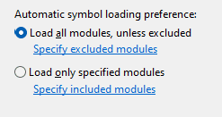 Visual Studio module load settings that prevent symbols from being loaded