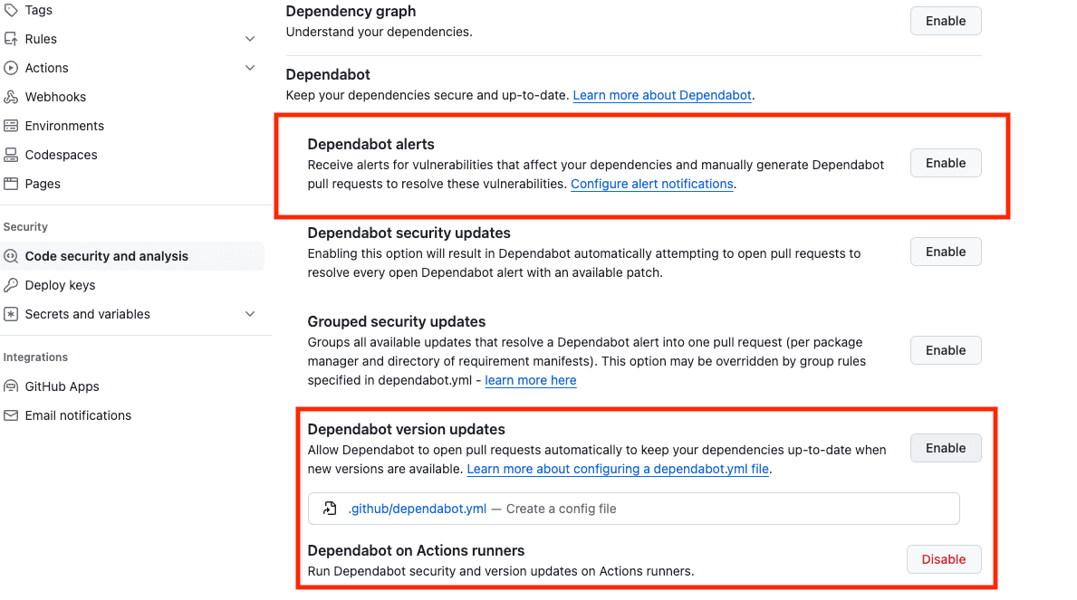 The Create a config file option shown after enabling Dependabot in GitHub