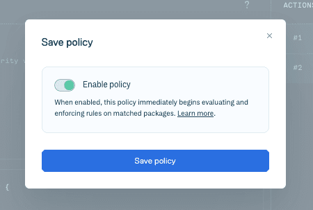 The 'Save policy' dialog in the Cloudsmith web app