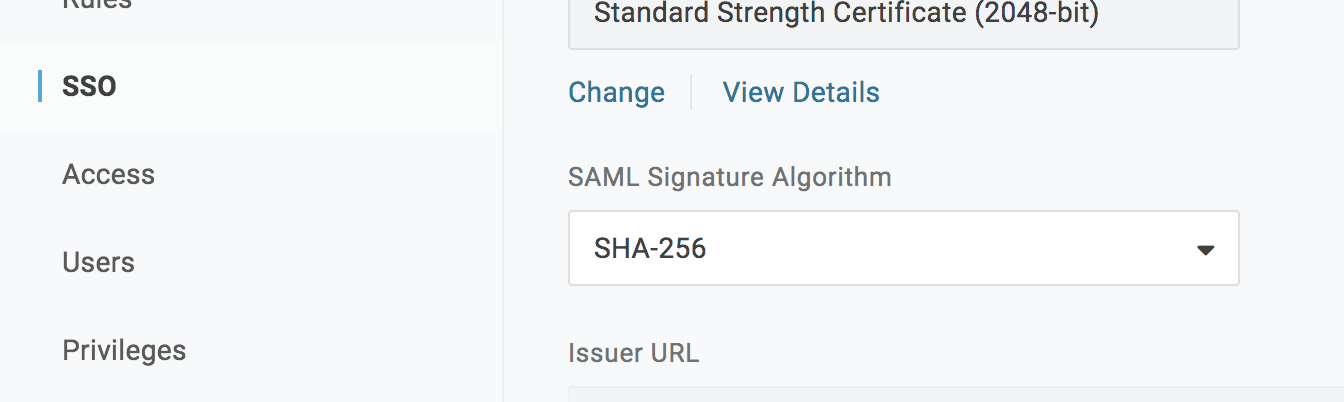 The SAML Signature Algorithm set to SHA-256 in the OneLogin SSO tab