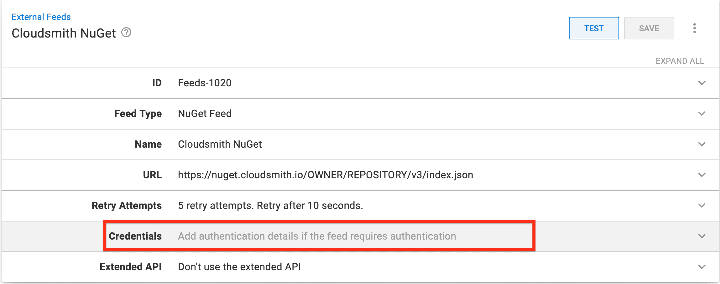 Credentials entered on an Octopus external feed for a private Cloudsmith repository