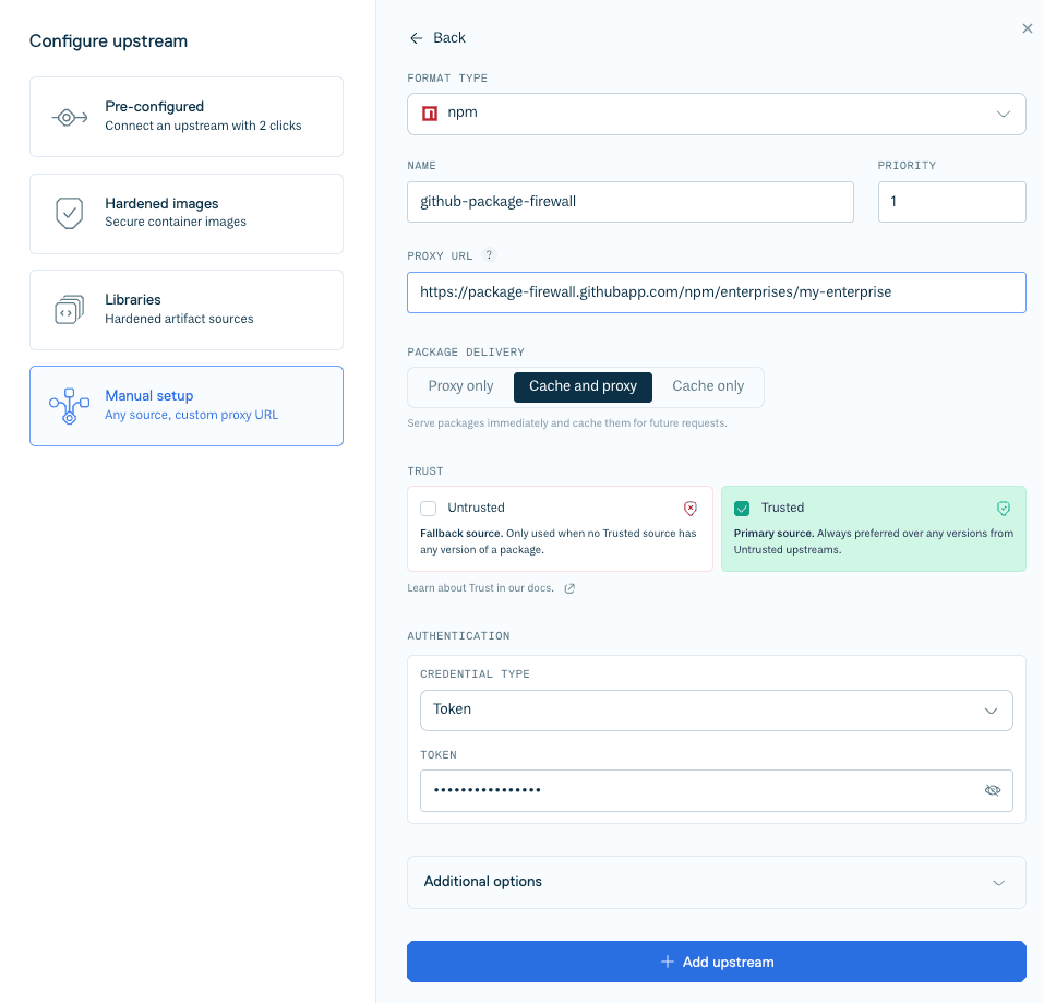 'Configure upstream' form for a GitHub package firewall integration