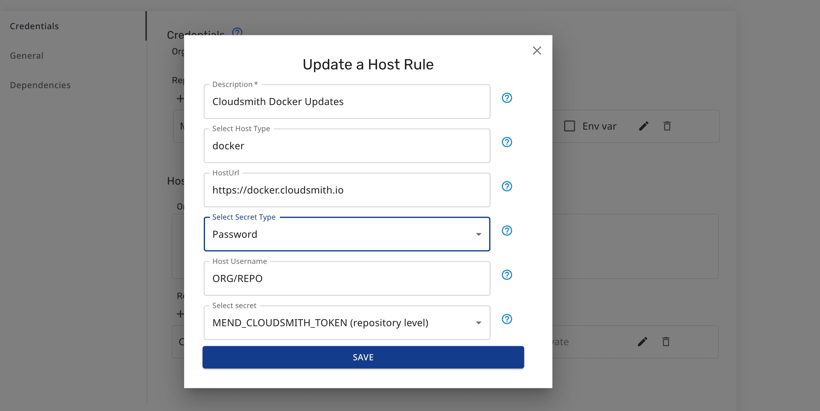 The Add Host Rule form in the Mend Developer Dashboard