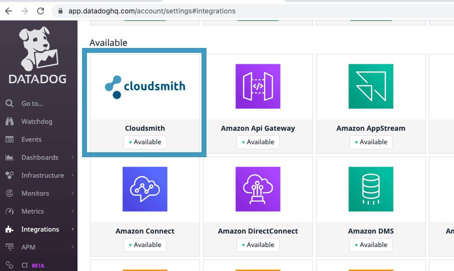 The Integrations section of the Datadog sidebar
