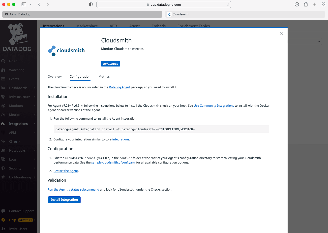 The Install Integration button on the Cloudsmith integration Configuration tab