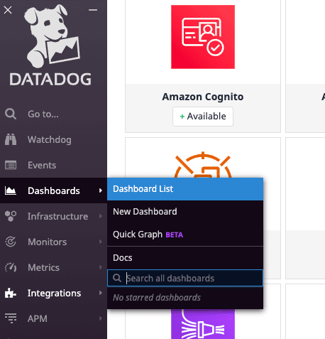 The Cloudsmith Overview dashboard listed in Datadog