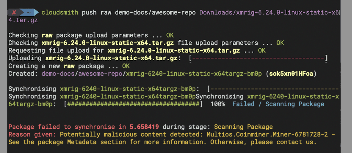 Terminal output showing an upload rejected because malware was detected