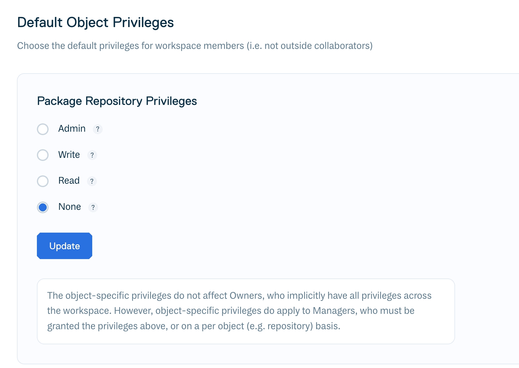 The default object privileges applied to new repositories