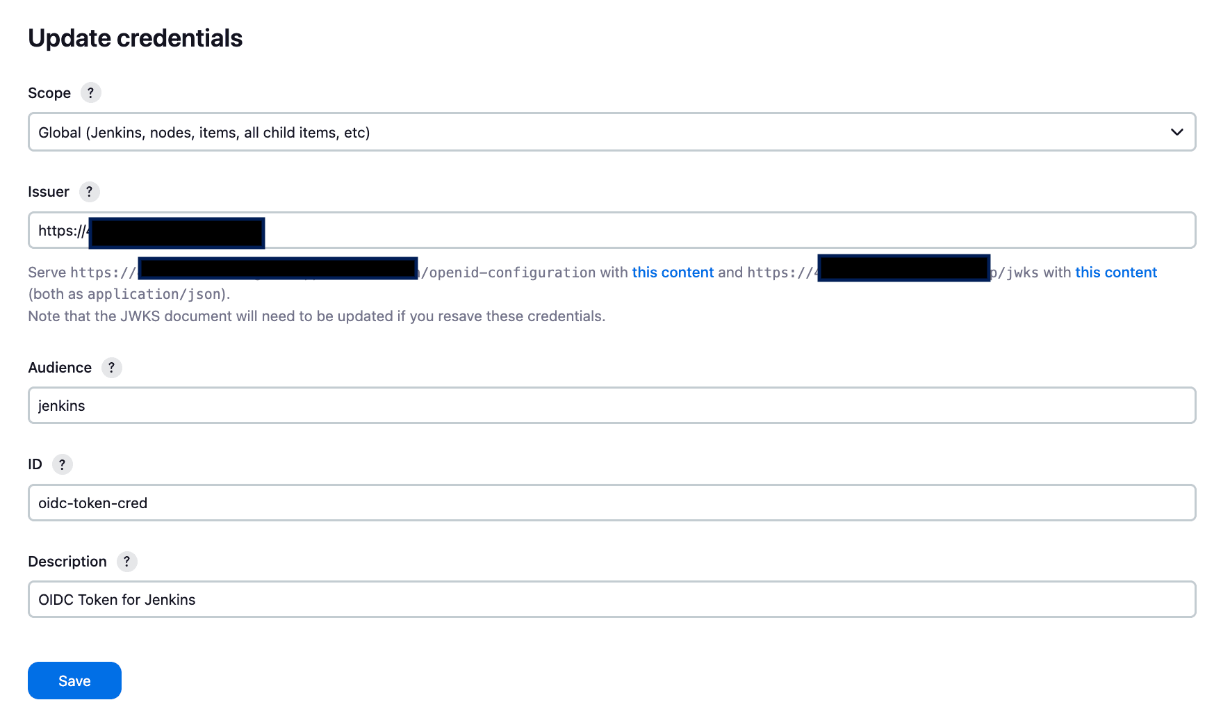 The Jenkins form for creating an OIDC credential