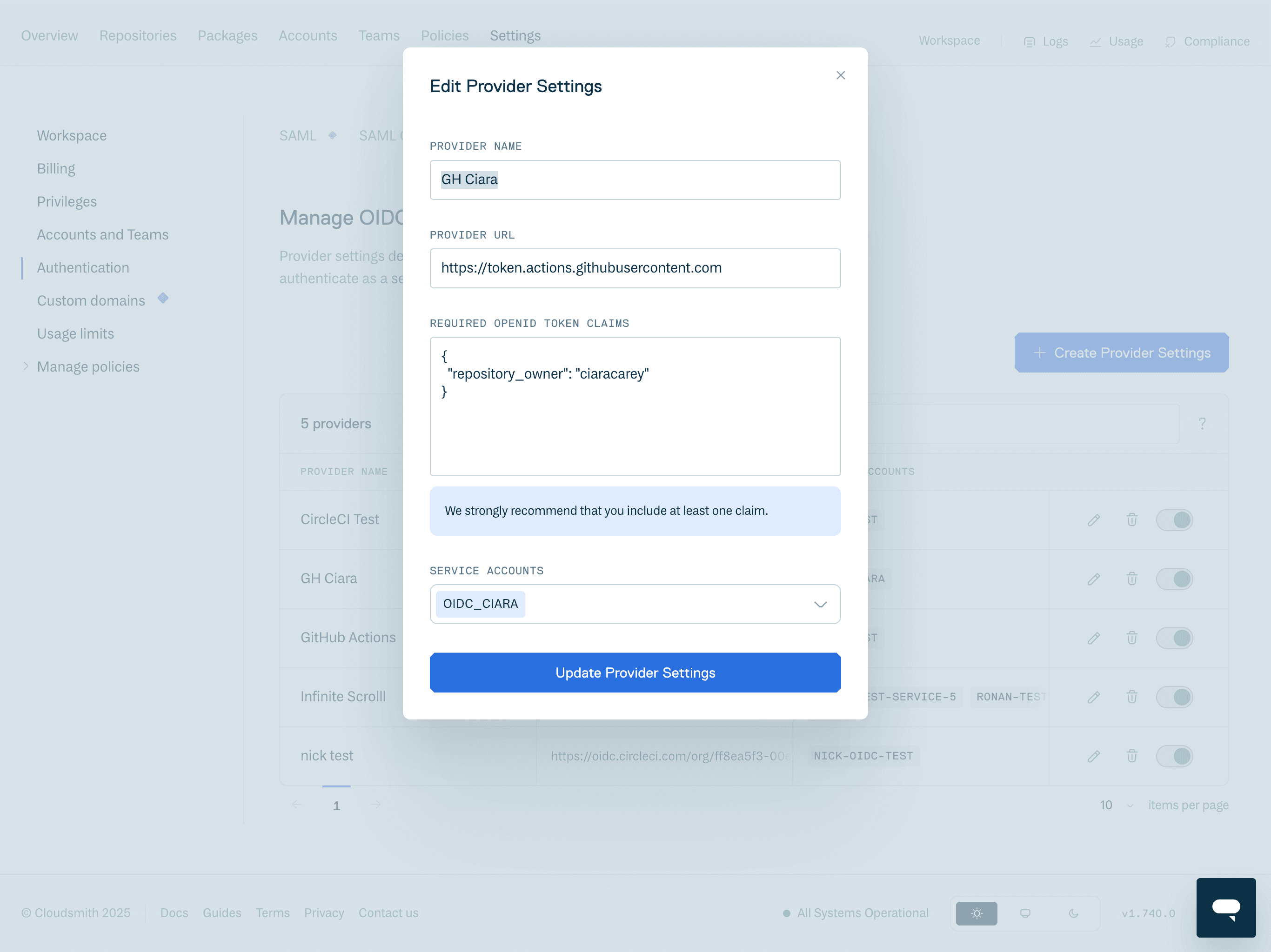 The Cloudsmith OIDC provider form with claims configured to restrict access