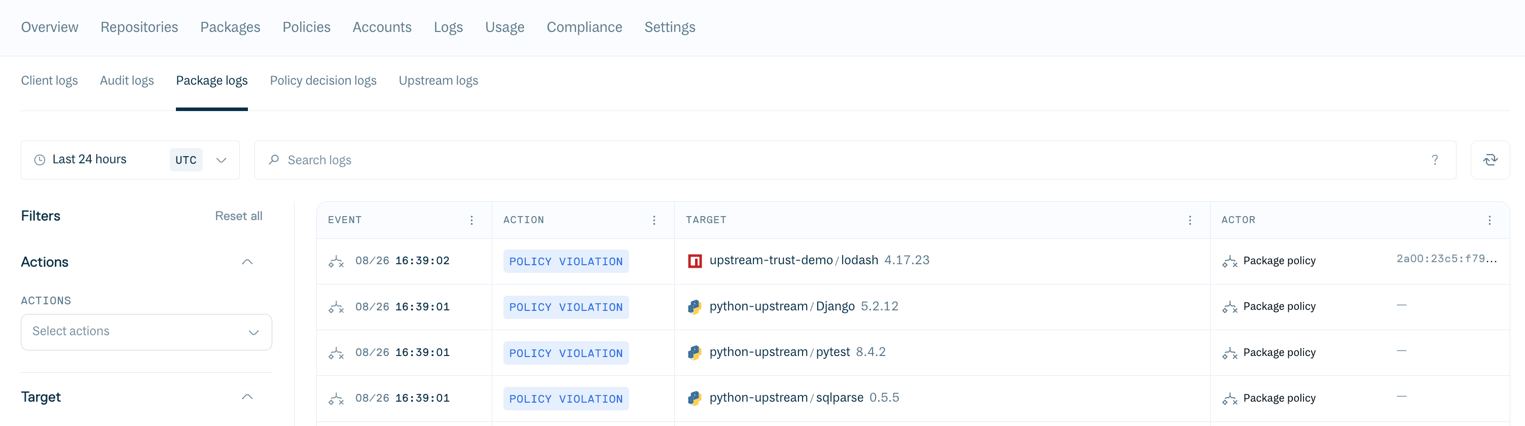 The Package logs tab in the Cloudsmith web app.