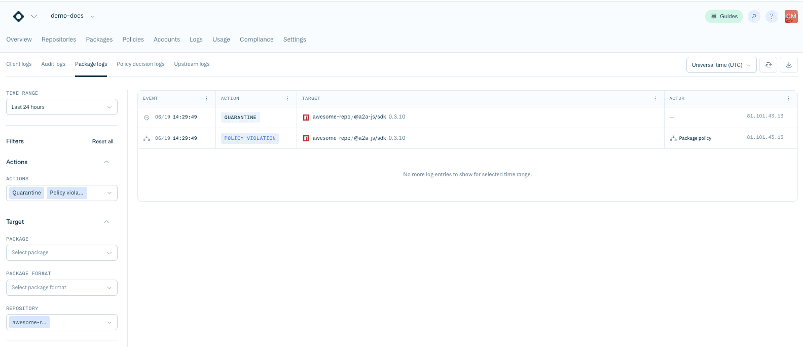 The 'Package logs' view in the Cloudsmith web app 