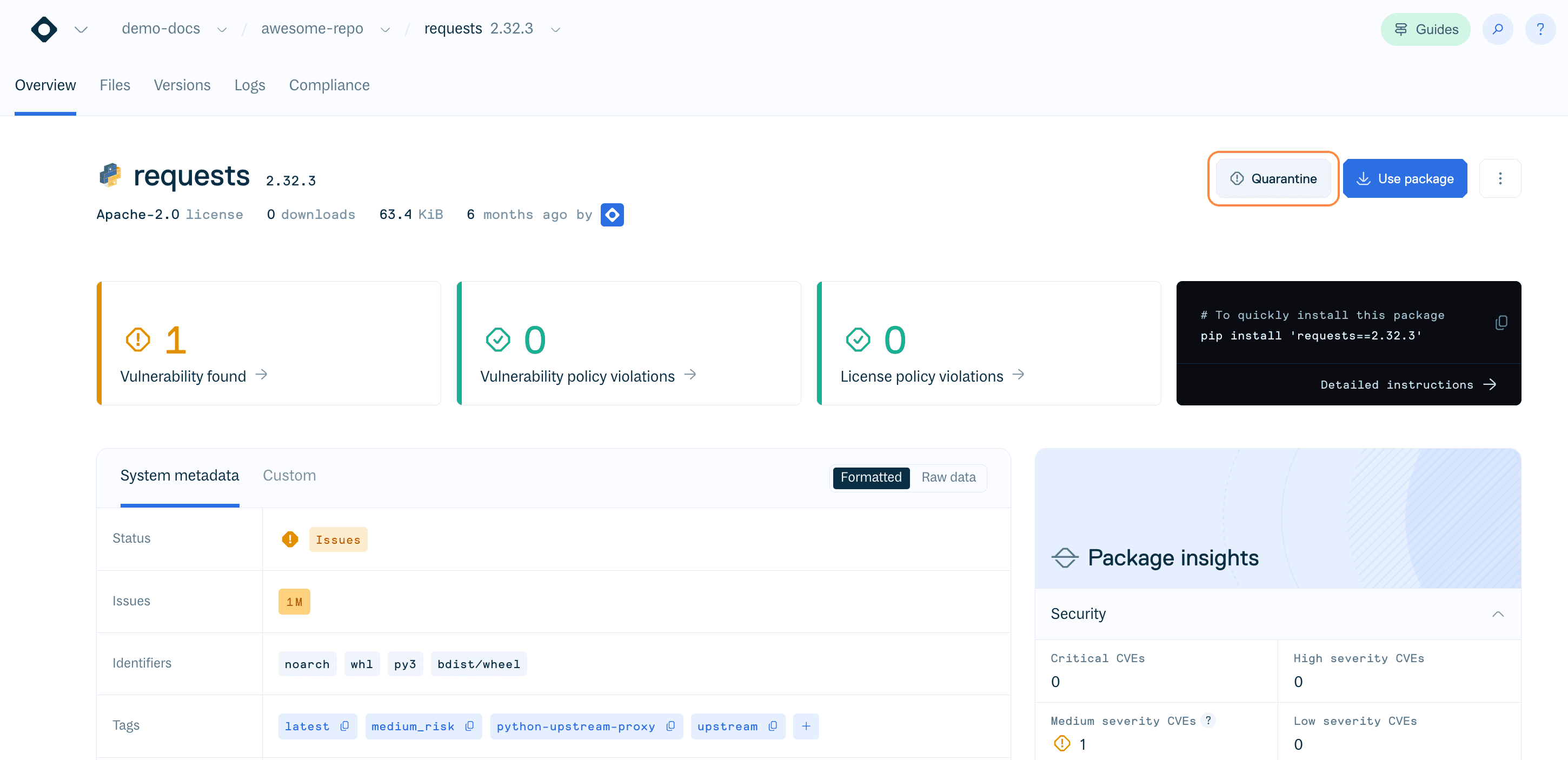 Quarantine button on package overview tab