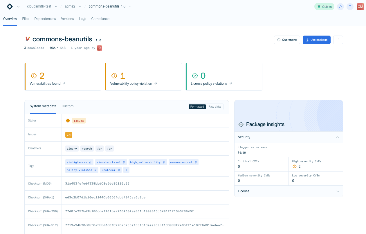 The Overview tab for a package